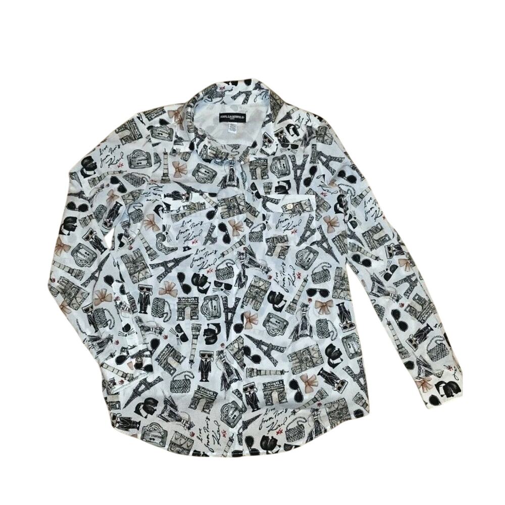 Karl Lagerfeld Paris Print Shirt Black Print Pink Bows Long Sleeve Sz XS Preppy